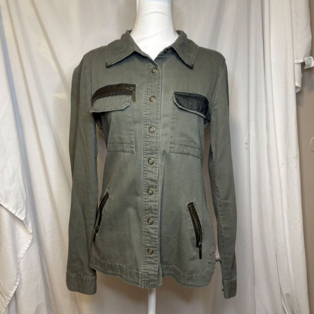 BKE Military Green Denim Jacket Womens Cotton Yarn Knit Stretch Designer
